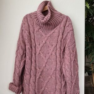 Dusty Pink Chunky Cable Knit Roll Neck